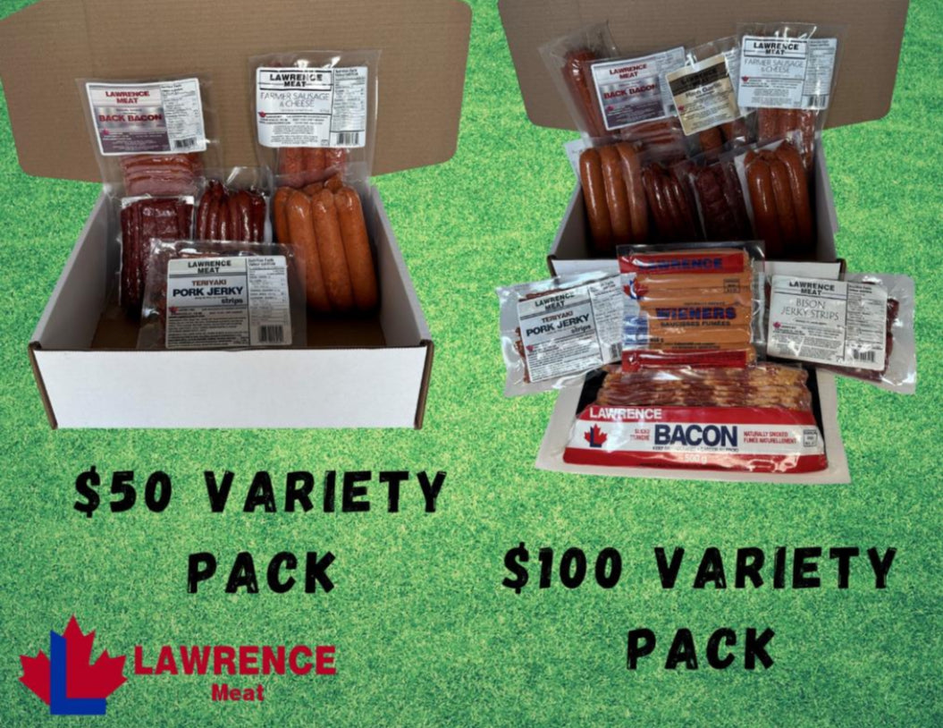 Two open boxes displaying the different Lawrence Meat package options on a green background with Lawrence Meat logo. 